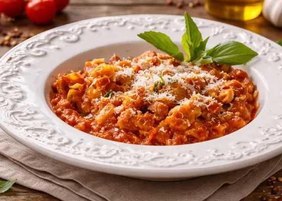Strips of tripe in red tomato sauce with grated cheese and a broad green basil garnish on a white patterned plate