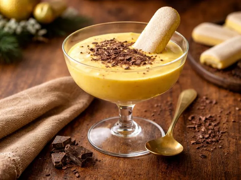 Pale golden custard in a stemmed glass, topped with chocolate shavings and one sponge finger