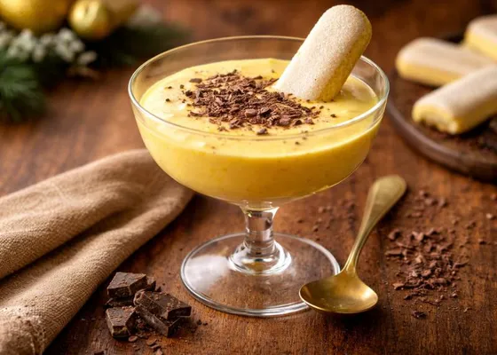 Pale golden custard in a stemmed glass, topped with chocolate shavings and one sponge finger